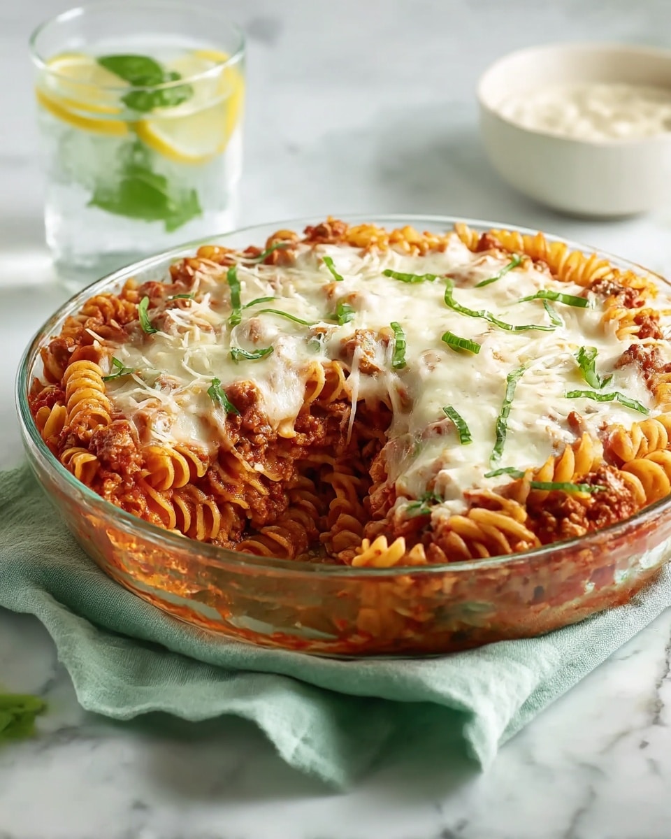 A clear glass round dish holds a baked pasta casserole with three visible layers; the bottom layer is rotini pasta in red tomato sauce, the middle layer is ground meat mixed with sauce, and the top layer is melted white cheese sprinkled with thin green basil strips. A portion is removed from the dish, showing the layers clearly. The dish sits on a pale green cloth on a white marbled surface. In the background, there is a glass of water with lemon slices and a green herb, and a blurred white bowl with light-colored dip. Photo taken with an iphone --ar 4:5 --v 7