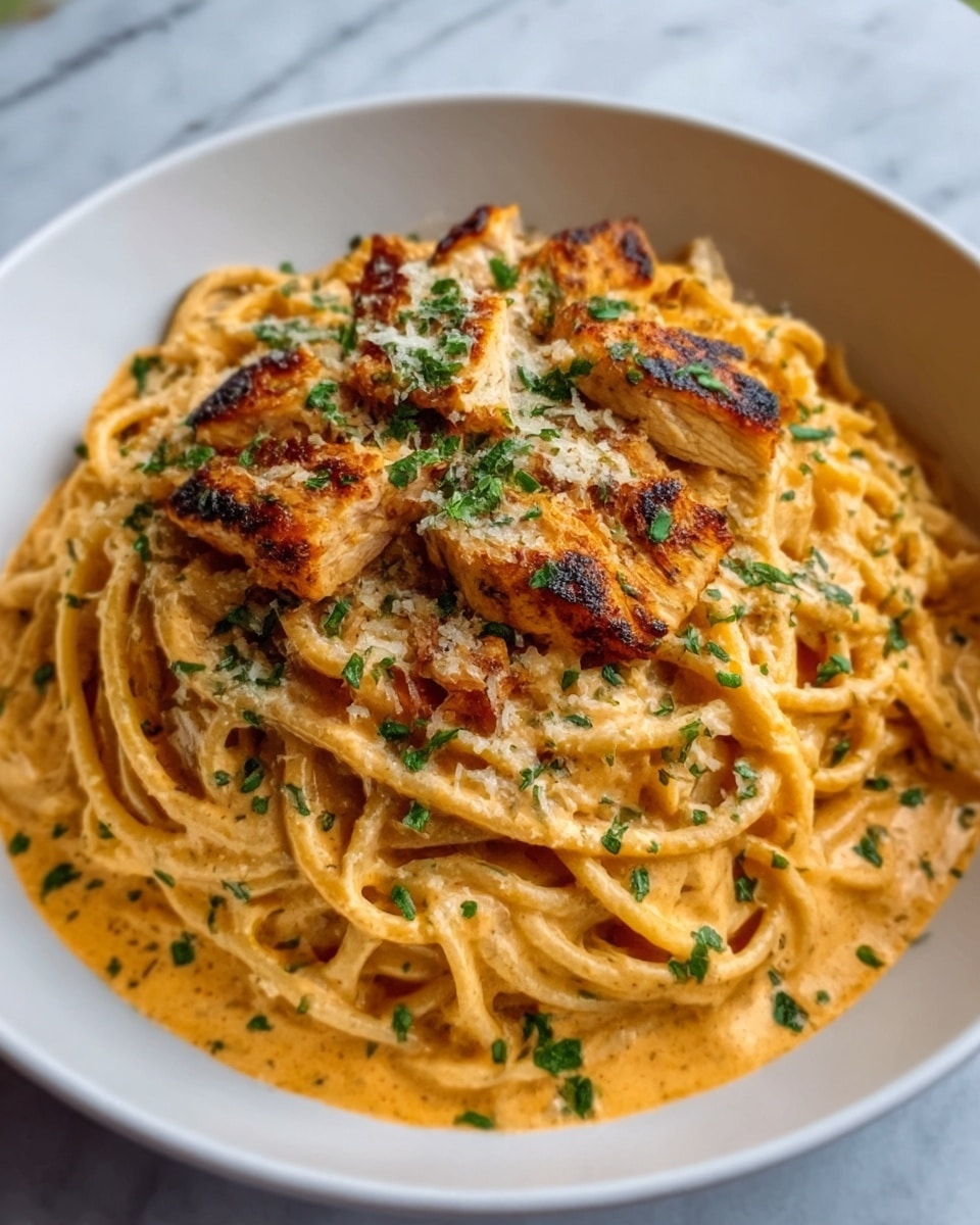 A white bowl filled with spaghetti noodles covered in a creamy orange sauce, topped with several pieces of grilled chicken with a slightly charred texture. The chicken is sprinkled with finely chopped green herbs, adding a fresh contrast to the warm colors of the dish. The sauce appears thick and smooth, coating the noodles well. The bowl sits on a white marbled surface. Photo taken with an iphone --ar 4:5 --v 7