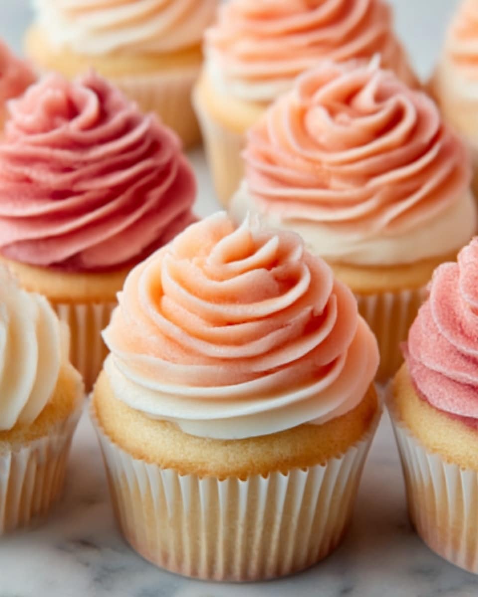 The image shows a close-up of several cupcakes arranged neatly. Each cupcake has two layers of frosting swirled on top, with the bottom layer in white and the top layer in soft shades of pink and peach, creating a smooth and creamy texture. The cupcakes sit in white paper liners on a white marbled surface, emphasizing the light colors of the frosting and cake. The frosting is thick and fluffy with fine ridges from the piping, making them look soft and inviting. photo taken with an iphone --ar 4:5 --v 7