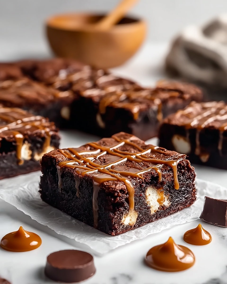 A close-up view of a single thick, square chocolate brownie with visible chunks of white marshmallow inside, topped with a smooth, glossy layer of caramel drizzle in a crisscross pattern. Behind it, many more similar brownies are arranged in a group, slightly out of focus. The brownies sit on a piece of white parchment paper on a white marbled surface. Around the brownies are small dollops of both shiny caramel and smooth dark chocolate. In the background, blurred but visible, is a wooden bowl with a spoon resting inside. photo taken with an iphone --ar 4:5 --v 7