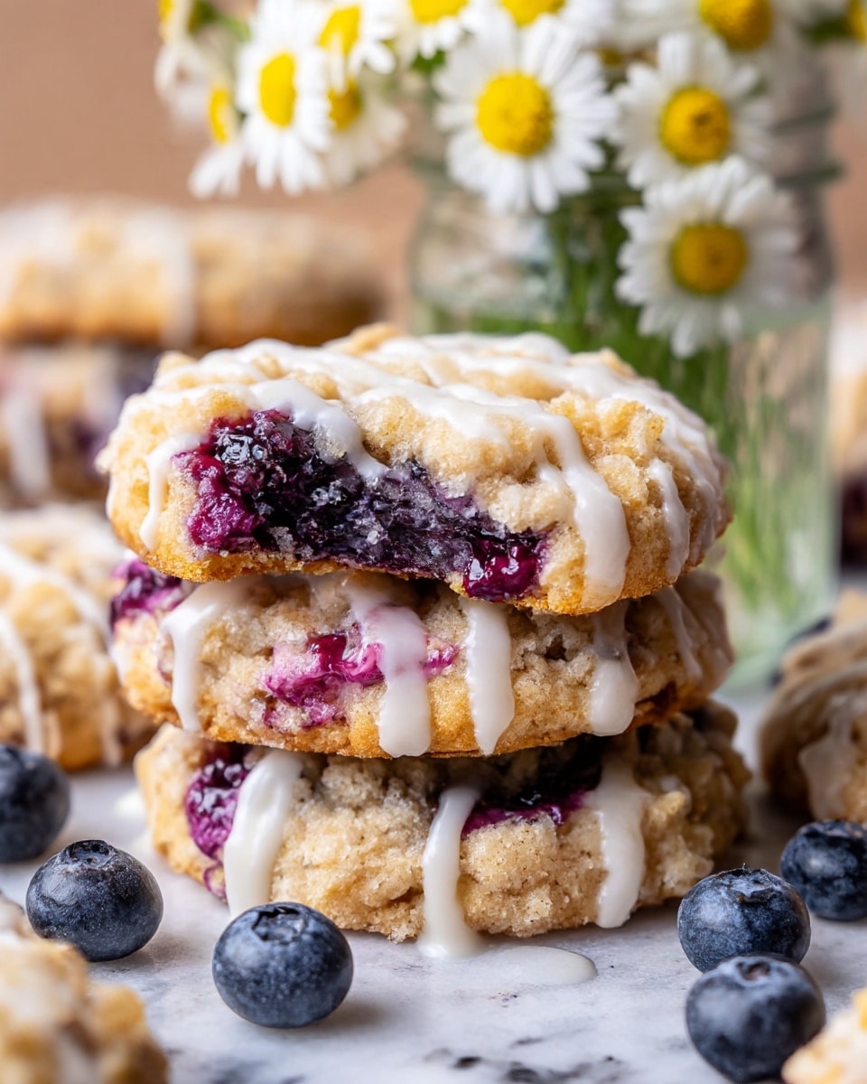 A close-up of stacked crumbly blueberry cookies with three main layers: a golden crumb topping on top with a slightly rough texture, a middle purple layer of juicy blueberry filling showing oozing fruit, and a bottom light beige cookie base that looks soft and thick. Drizzled white icing flows over the crumb topping in thin lines. Whole blueberries are scattered around the cookies, resting on a white marbled surface. In the background, a small clear glass jar holds white and yellow daisy flowers. photo taken with an iphone --ar 4:5 --v 7