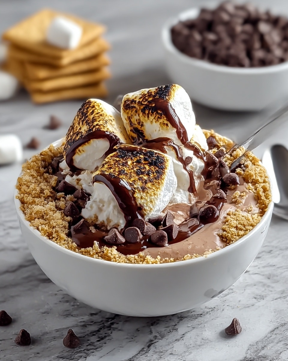 A white bowl filled with a creamy, light brown base, topped with crumbled golden graham crackers around the edges. On top are several toasted marshmallows with golden brown and black char marks, melting slightly into the rich, dark chocolate sauce drizzled over them. Small chocolate chips are scattered both on the top and around the bowl. In the background, there is a blurred white bowl filled with chocolate chips and stacked golden graham crackers on a white marbled surface. A silver spoon is partially visible inside the bowl. Photo taken with an iphone --ar 4:5 --v 7