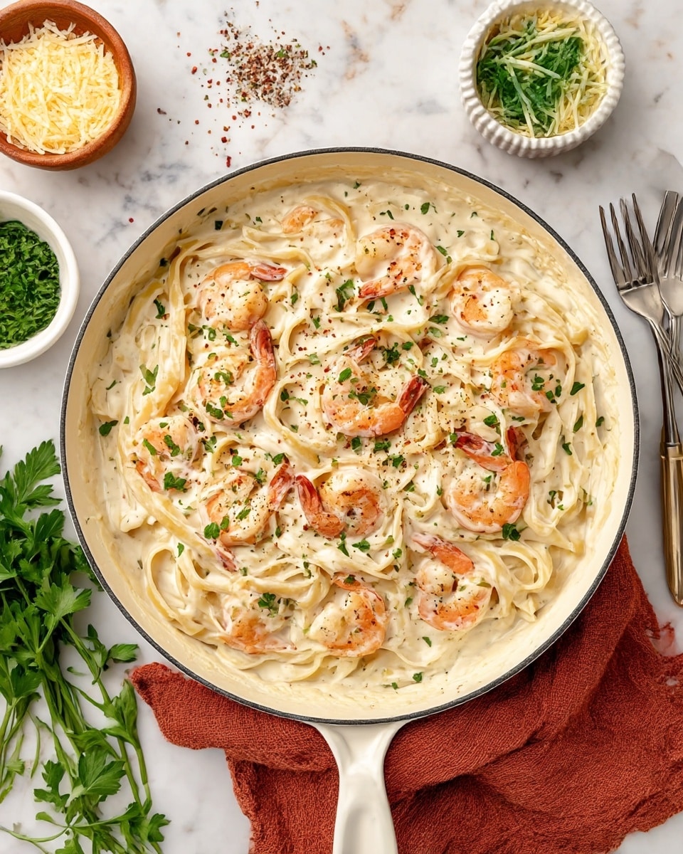 A white pan holds creamy shrimp fettuccine alfredo with thick, white sauce coating the flat pasta noodles, and large pink-orange cooked shrimp scattered evenly on top. The dish is sprinkled with small green parsley pieces and coarse black pepper. Around the pan, there are small white bowls with shredded cheese and fresh parsley leaves, fresh parsley sprigs on a white marbled surface, and a white fork and knife nearby. A reddish-brown cloth is placed under the pan handle. photo taken with an iphone --ar 4:5 --v 7