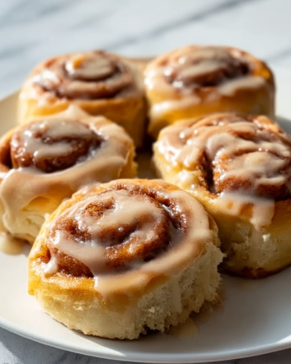 A close-up of five cinnamon rolls on a white plate, each roll showing a tight spiral of soft, light brown dough with sugar and cinnamon inside. The rolls are topped with a thick layer of creamy, shiny caramel-colored icing that drips slightly down the sides, giving them a glossy, sweet look. The background is a white marbled texture, soft light highlights the warm tones and the texture of the rolls. Photo taken with an iphone --ar 4:5 --v 7