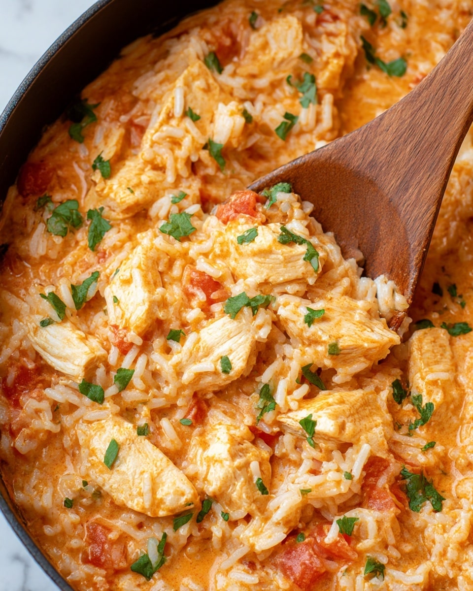 A close-up view of a dish showing soft, cooked white rice mixed with a creamy orange-red sauce, dotted with small pieces of red cooked tomato. Large chunks of tender, light brown chicken are spread evenly throughout the rice, with scattered bright green chopped herbs adding a fresh touch on top. A wooden spoon is visible, partly buried in the dish, with its smooth brown texture contrasting nicely against the creamy rice. The image is captured on a white marbled surface. photo taken with an iphone --ar 4:5 --v 7