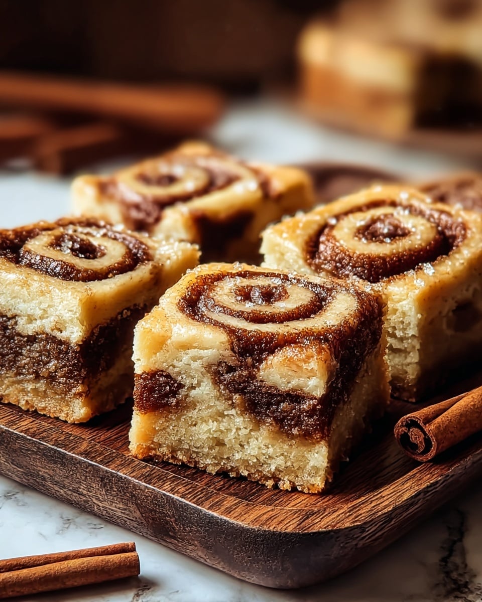 Four square pieces of cinnamon roll bars sit closely together on a dark brown wooden tray. Each piece shows two main layers: the bottom layer is a thick, dense cake-like base with a rich cinnamon filling swirled through it, dark brown and slightly crumbly; the top layer is a lighter, soft dough with a visible spiral of cinnamon sugar that looks glossy and sticky, with some sugar crystals sprinkled on top. The background is softly blurred with warm tones, and a couple of cinnamon sticks lie next to the tray on a white marbled surface. Photo taken with an iphone --ar 4:5 --v 7