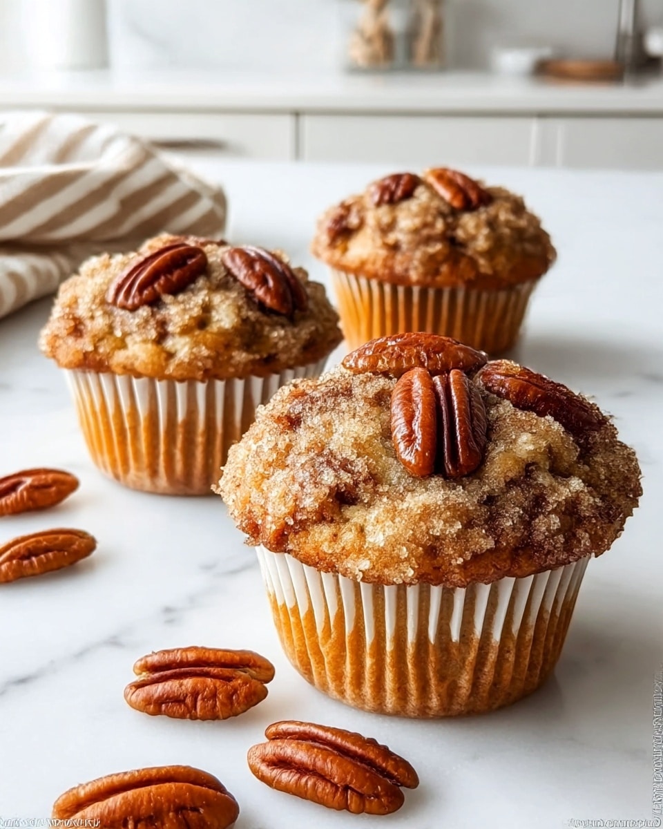 Three golden brown muffins with a crumbly sugar topping sit on a white marbled surface. Each muffin is topped with several shiny pecan halves, embedded in the crumb layer. The muffins have white liners with vertical ridges and a soft, textured middle visible through the wrapper. Around the muffins are a few loose pecan halves in rich brown color scattered on the surface. In the background, there is a clean kitchen setup with white marble counters and a folded beige and white striped cloth. Photo taken with an iphone --ar 4:5 --v 7