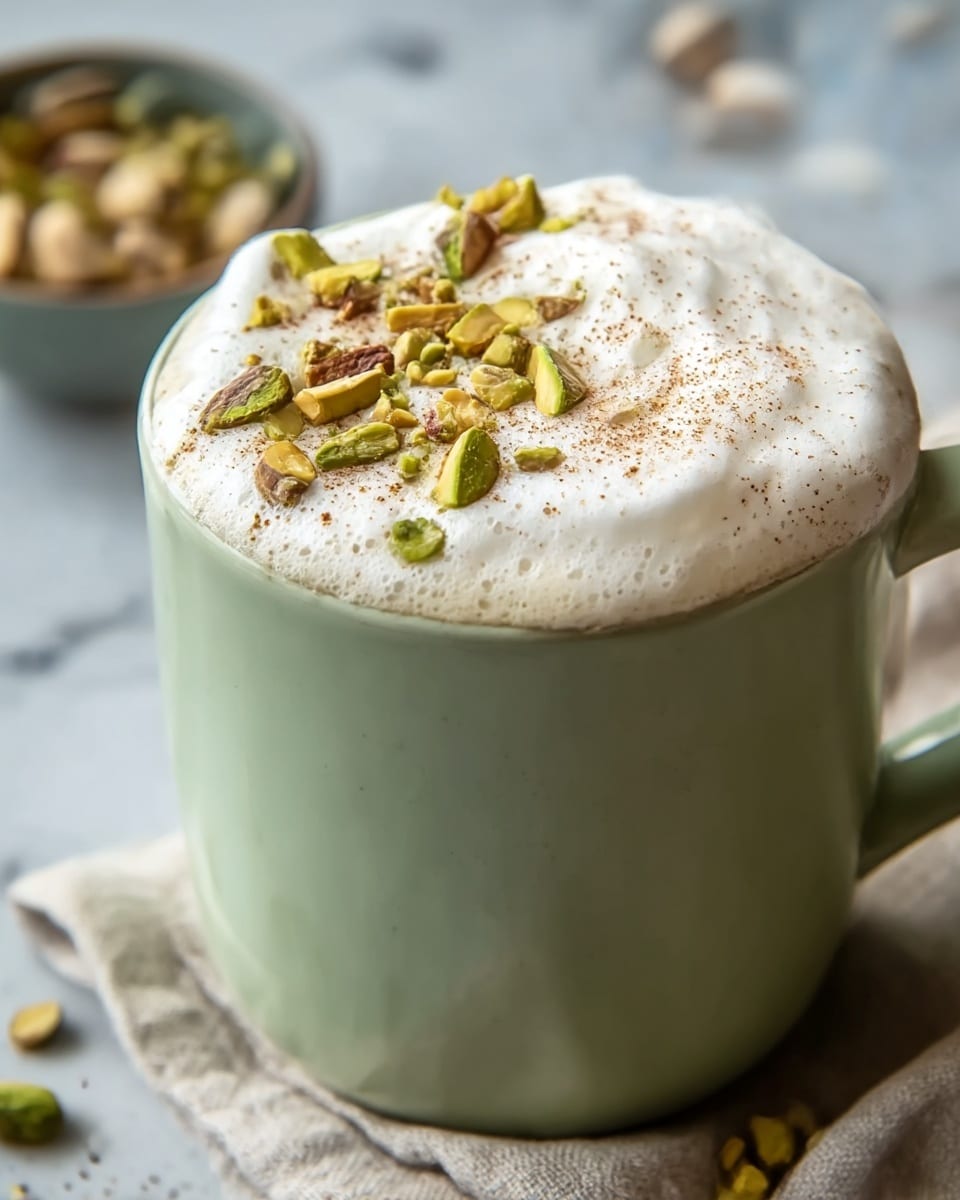 A light green mug filled with a creamy drink that has a thick layer of white foam on top, which is soft and slightly uneven. Scattered over the foam are green and brown pistachio nut pieces along with a light dusting of fine brown spice powder. The mug is set on a neutral cloth with a blurred bowl of more pistachios in the background. The surface underneath is a white marbled texture. photo taken with an iphone --ar 4:5 --v 7