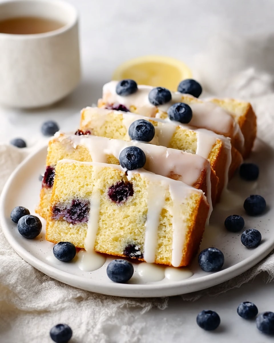 The image shows four slices of light yellow blueberry cake arranged on a white plate with small scattered blueberries around. Each slice has visible dark blue blueberries inside, and on top, thick white glaze drips down, with fresh blueberries placed on the glaze. The plate sits on a light textured cloth over a white marbled surface. A blurred white cup is seen in the background, adding depth to the scene. photo taken with an iphone --ar 4:5 --v 7
