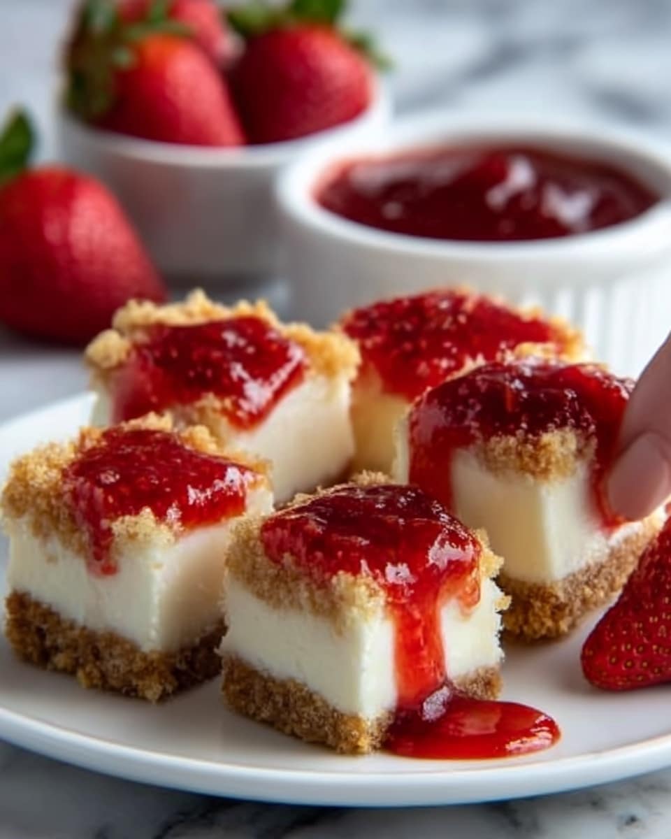 The image shows four small square cheesecake bites on a white plate, each cheesecake piece having three layers: a crumbly golden brown crust layer at the bottom, a thick creamy white middle layer of cheesecake, and a topping of bright red strawberry sauce with visible chunks that drips down the sides. The cheesecake bites are arranged closely together, and one piece has a woman's hand reaching towards it. In the background, there are whole fresh strawberries and a white bowl filled with more red strawberry sauce, all set on a white marbled surface. Photo taken with an iphone --ar 4:5 --v 7
