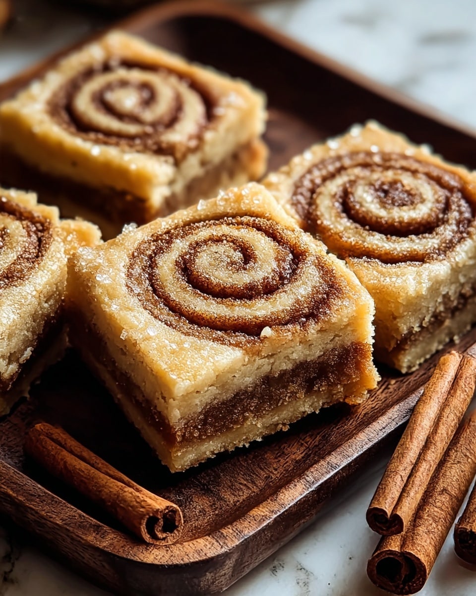 The image shows four square pieces of cinnamon roll bars arranged close together on a dark wooden tray. Each bar has two visible layers: a soft, light golden-brown dough layer on top with swirled cinnamon lines forming a spiral shape in the center, and a thicker, darker brown cinnamon-sugar filling layer at the bottom that looks moist and rich. The edges of the bars are slightly crumbly with little sugar crystals sprinkled on top, adding a touch of sparkle. Next to the tray lie a few whole cinnamon sticks, all set on a white marbled texture. The photo is close-up and well-lit, capturing the soft and chewy texture of the bars. Photo taken with an iphone --ar 4:5 --v 7