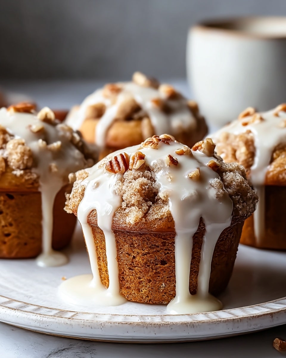 The image shows four muffins with a crumbly, light brown top layer that looks crunchy and textured with small nut pieces scattered on top. Each muffin is drizzled with a thick, creamy white glaze that flows down the sides, contrasting with the darker muffin base which has a soft, slightly spongy texture. The muffins sit closely together on a white plate with a subtle raised edge on a white marbled surface. In the background, a round, blurred white cup is visible. The lighting highlights the glaze’s smoothness and the crumb’s rough texture, making the muffins look fresh and inviting. Photo taken with an iphone --ar 4:5 --v 7