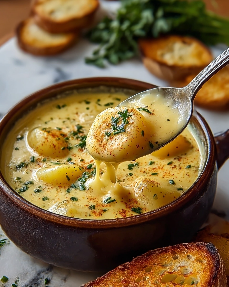 A dark brown bowl filled with creamy, thick yellow chowder containing large chunks of soft potatoes, sprinkled with small green chives and a sprinkle of reddish paprika on top. A silver spoon lifts some chowder with a potato chunk and a green herb garnish, showing the creamy texture dripping slightly. A piece of toasted bread with a golden-brown crust rests on the edge of the bowl. In the background, there are more toasted bread slices and some green leafy herbs, all placed on a white marbled texture. photo taken with an iphone --ar 4:5 --v 7