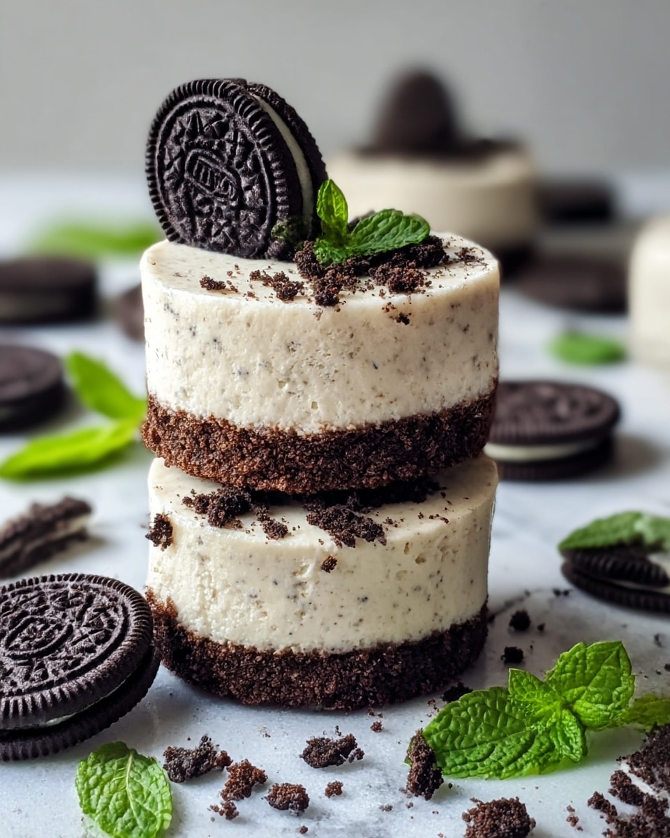 Two small round desserts are stacked on top of each other on a white marbled surface. Each dessert has two layers: a dark brown crumbly base and a thick creamy white top layer with tiny specks. The top dessert is decorated with a half black sandwich cookie and scattered dark cookie crumbs. Around the desserts lie whole and broken sandwich cookies and some fresh green mint leaves, adding color contrast. The textures show crumbly cookie crumbs and smooth cream in clear focus. photo taken with an iphone --ar 4:5 --v 7