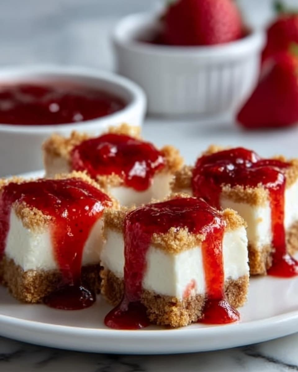 The image shows four small square cheesecake bites on a white plate, each with a crumbly golden brown crust at the bottom, a thick creamy white cheesecake layer in the middle, and a chunky red strawberry sauce dripping down the sides from the top. The sauce looks glossy and fresh, with bits of strawberries visible. In the background, there are whole strawberries and a small round white bowl with more strawberry sauce, all placed on a white marbled surface. The scene is bright and fresh, with a woman's hand reaching near the plate. Photo taken with an iphone --ar 4:5 --v 7