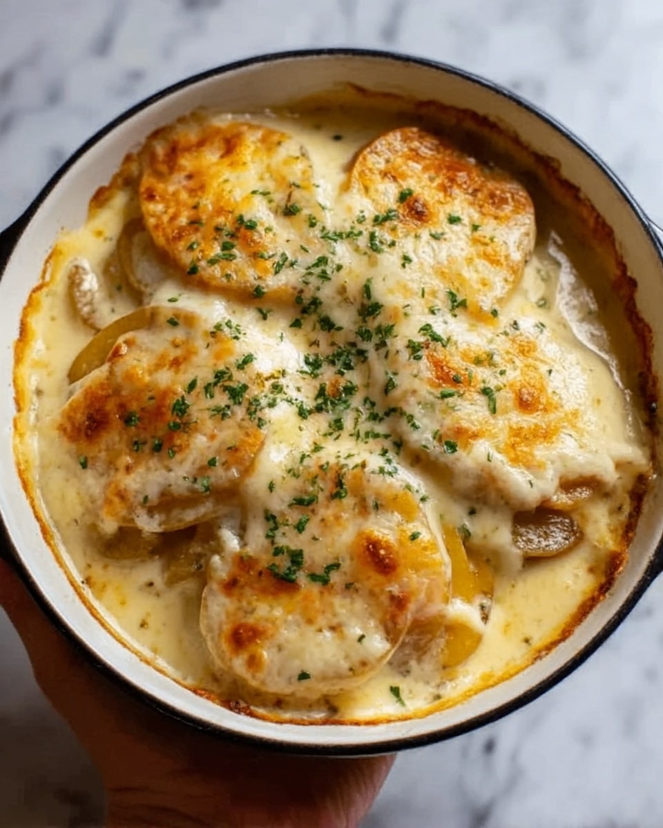 A white bowl filled with a baked dish made of multiple round layers of golden brown potatoes, covered with a thick layer of melted white cheese and creamy sauce. The top is sprinkled with small green herb bits, adding a fresh touch. The cheese looks stretchy and gooey, with some browned spots. The bowl sits on a white marbled surface and a woman's hand is slightly visible holding the bowl from the side. Photo taken with an iphone --ar 4:5 --v 7