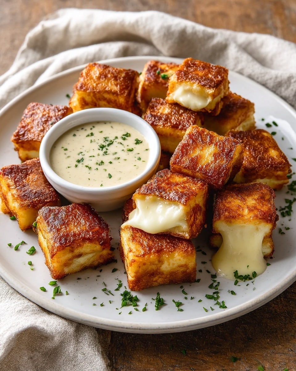 A white plate with twelve golden-brown, square pieces of crispy fried cheese that have a slightly browned, textured top layer and creamy melted cheese oozing from inside the middle layer. The pieces are arranged in a close group around a small white bowl of light beige dipping sauce sprinkled with green herbs. Small bits of green herbs are scattered on the plate around the cheese cubes. The plate is set on a wooden surface with a light beige cloth napkin nearby. Photo taken with an iphone --ar 4:5 --v 7
