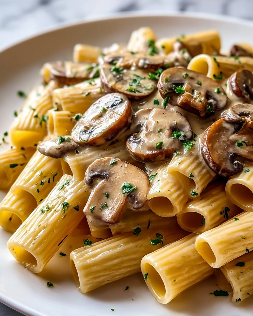 A close-up of a plate with rigatoni pasta layered at the bottom, light golden colored and smooth textured. On top, there is a creamy sauce with slices of browned mushrooms, some pieces are whole and round, while others are cut. The dish is sprinkled with small green herb bits throughout, adding spots of color on the pasta and sauce. The food is served on a white plate placed on a white marbled texture. photo taken with an iphone --ar 4:5 --v 7