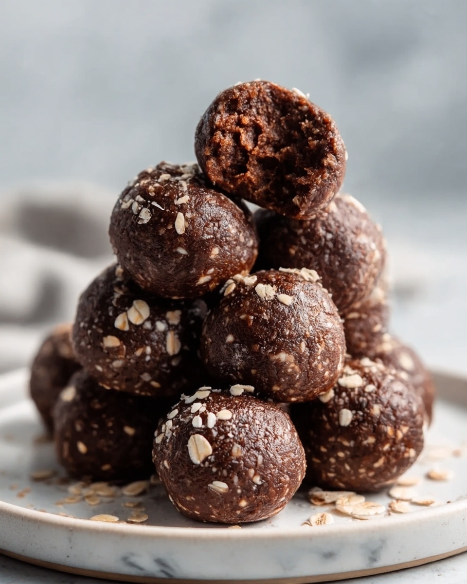 A stack of round chocolate energy bites sits on a white plate, arranged in a pyramid shape with one bite on top showing its soft, moist inside with a bite taken out. The bites have a dark brown color, textured surface sprinkled with light-colored oat flakes. The white marbled background and soft natural light create a clean and cozy feel. Photo taken with an iphone --ar 4:5 --v 7