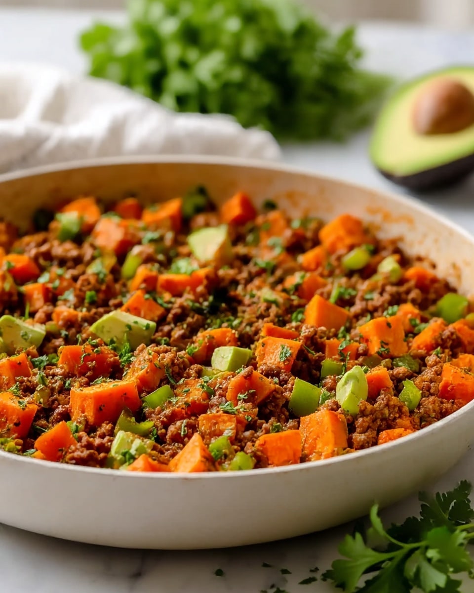 A close-up of a white pan filled with a cooked dish of mixed ground meat, diced bright orange sweet potatoes, and chopped green bell peppers, all seasoned and mixed with small bits of herbs sprinkled over the top, with a fresh bunch of green parsley and half a cut avocado in the blurry white marbled background, a white cloth next to the pan. photo taken with an iphone --ar 4:5 --v 7