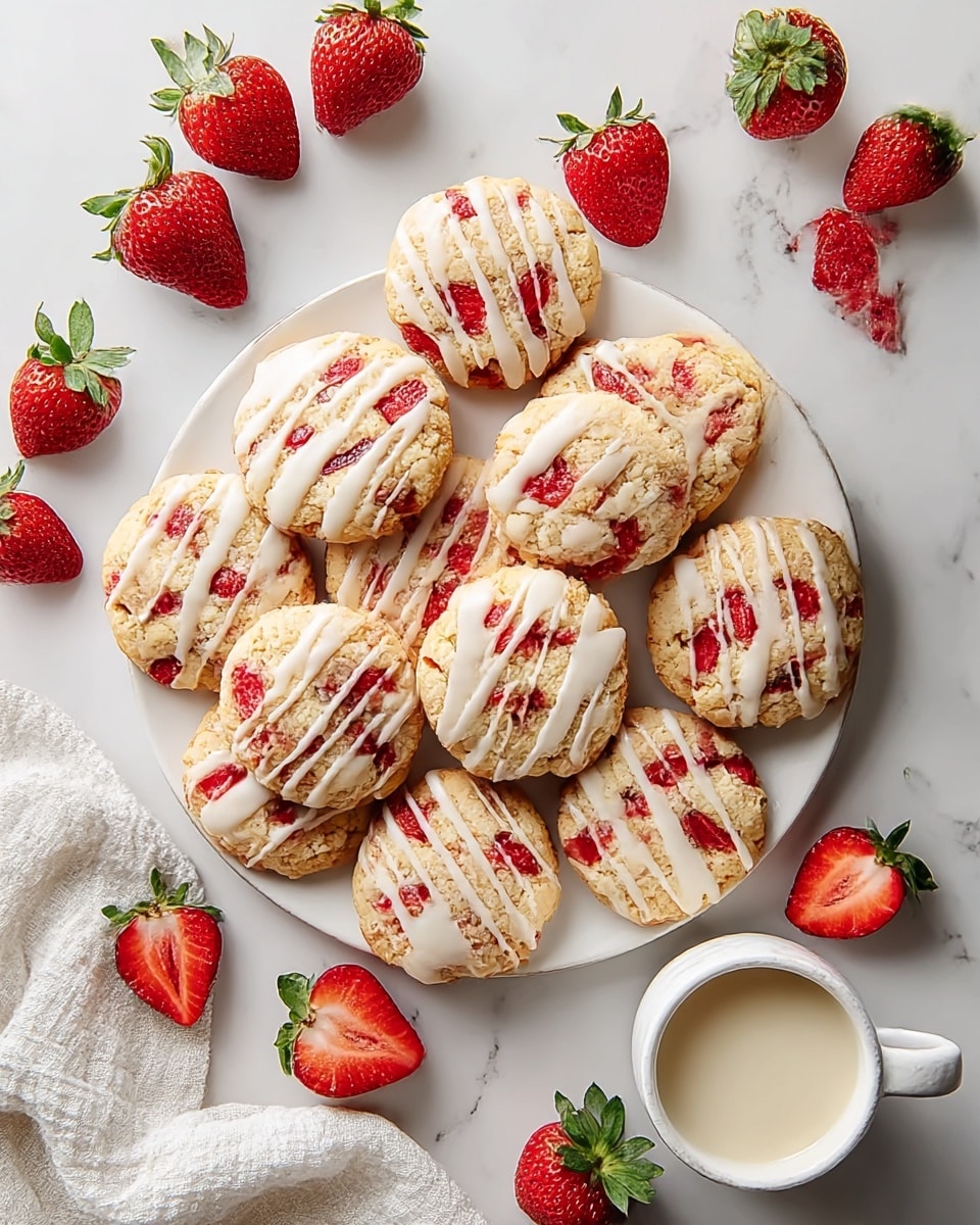 A white plate holds ten round cookies with a crumbly light golden base and bright red strawberry pieces unevenly spread throughout. Each cookie is topped with white icing drizzled in thin, diagonal lines. Around the plate, fresh whole and halved strawberries with green leaves are scattered on a white marbled surface. Next to the cookies is a small white ceramic cup filled with creamy milk. A lightly textured white cloth is partially visible in the lower corner. Photo taken with an iphone --ar 4:5 --v 7