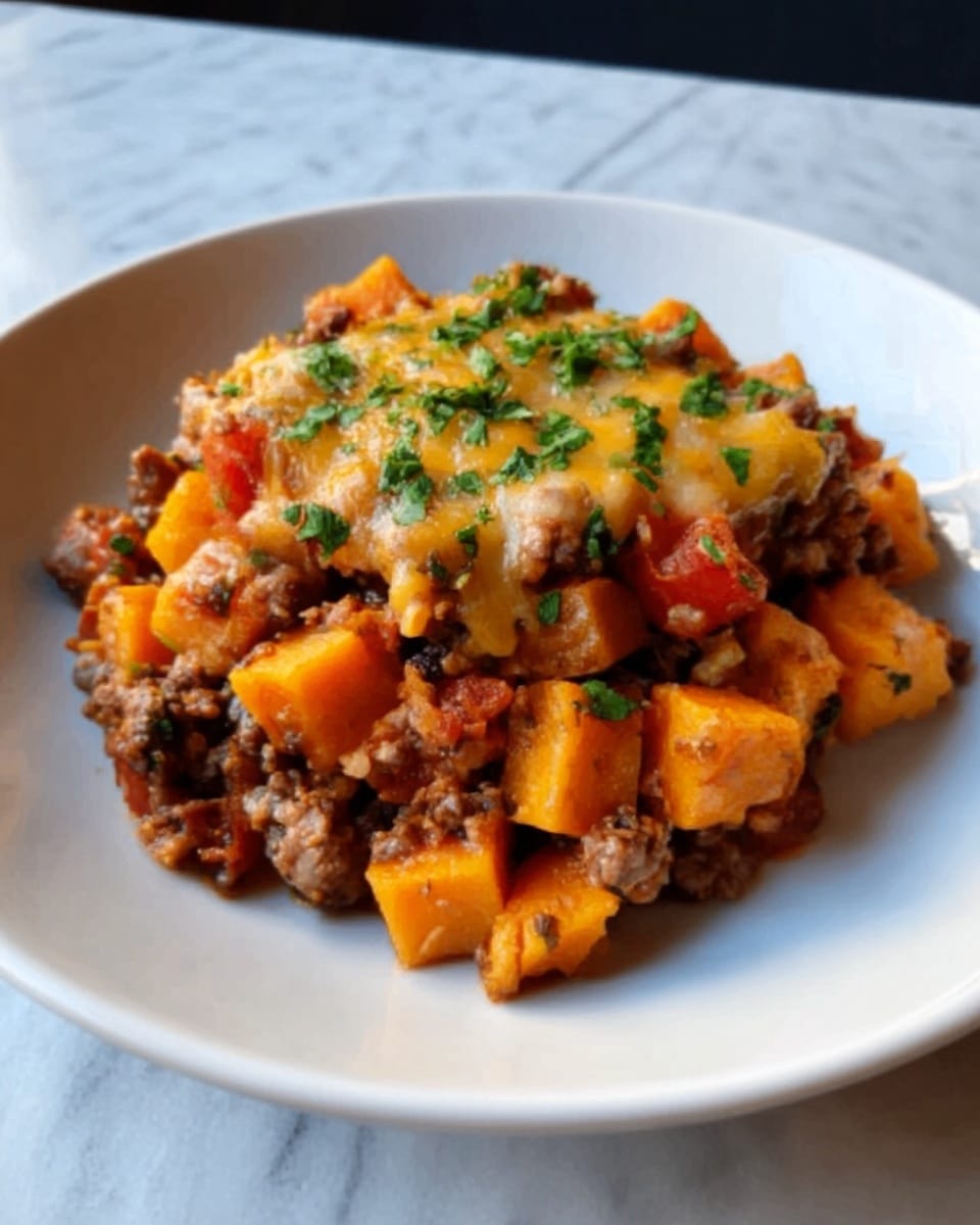 A white plate holds a layered dish with a base of cooked ground beef mixed with chunks of orange sweet potato and pieces of red tomato. On top, there is a layer of melted light yellow cheese sprinkled with chopped green herbs. The food looks warm and slightly crispy on top. The plate sits on a white marbled surface. photo taken with an iphone --ar 4:5 --v 7