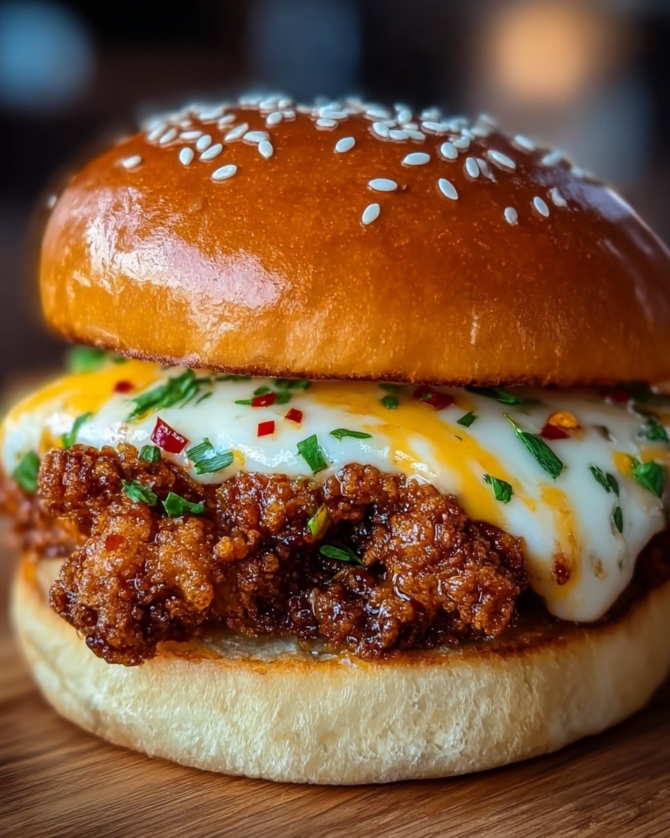 A close-up view of a sandwich shows a glossy golden-brown top bun sprinkled with white sesame seeds. Underneath, there is a layer of melted cheese with white and yellow swirls, topped with small green herb bits and red chili flakes. Below the cheese, crispy, dark brown fried chicken pieces with a crunchy texture are visible. This all sits on a light, fluffy bottom bun. The sandwich is placed on a wooden surface, blurred softly in the background. photo taken with an iphone --ar 4:5 --v 7