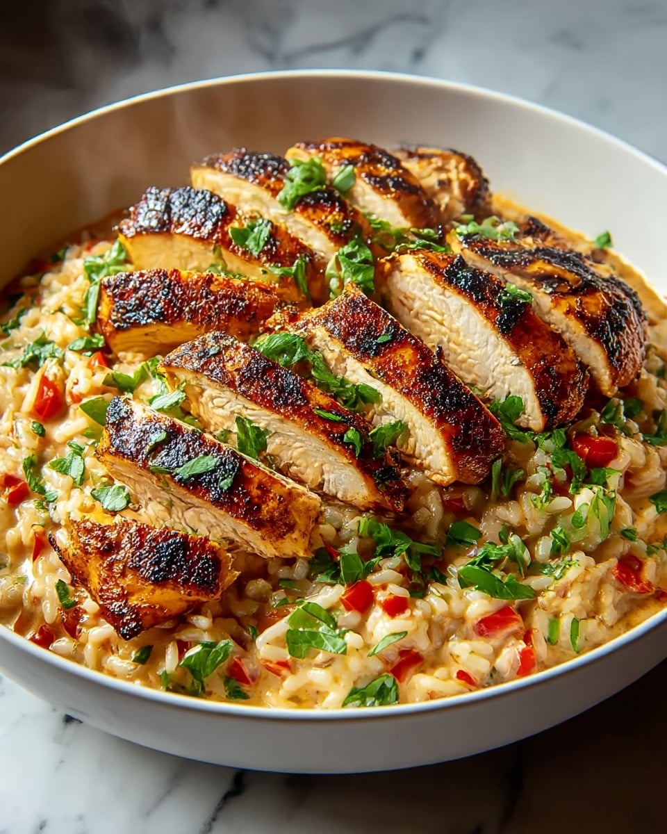 The dish shows a white bowl filled with creamy rice mixed with small red and green pieces, likely vegetables, creating a textured base in light beige color. On top, there are several pieces of grilled chicken breasts cut into thick slices, with a charred, golden brown exterior featuring dark grill marks and a slightly rough texture. Bright green chopped herbs are sprinkled over the chicken and rice, adding fresh color contrast. The bowl is placed on a white marbled surface, and steam is rising from the warm meal, making it look fresh and tasty. photo taken with an iphone --ar 4:5 --v 7