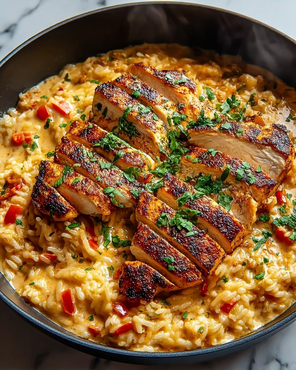 A black pan holds a dish with two main layers; the bottom layer is creamy rice mixed with small pieces of red peppers and herbs, showing a soft and slightly wet texture. On top, there are two thick pieces of sliced grilled chicken breast with a golden brown and slightly charred crust, arranged side by side. The chicken is sprinkled with fresh green herbs, adding color contrast. Some steam rises from the dish, showing it is hot. The pan sits on a white marbled surface. photo taken with an iphone --ar 4:5 --v 7