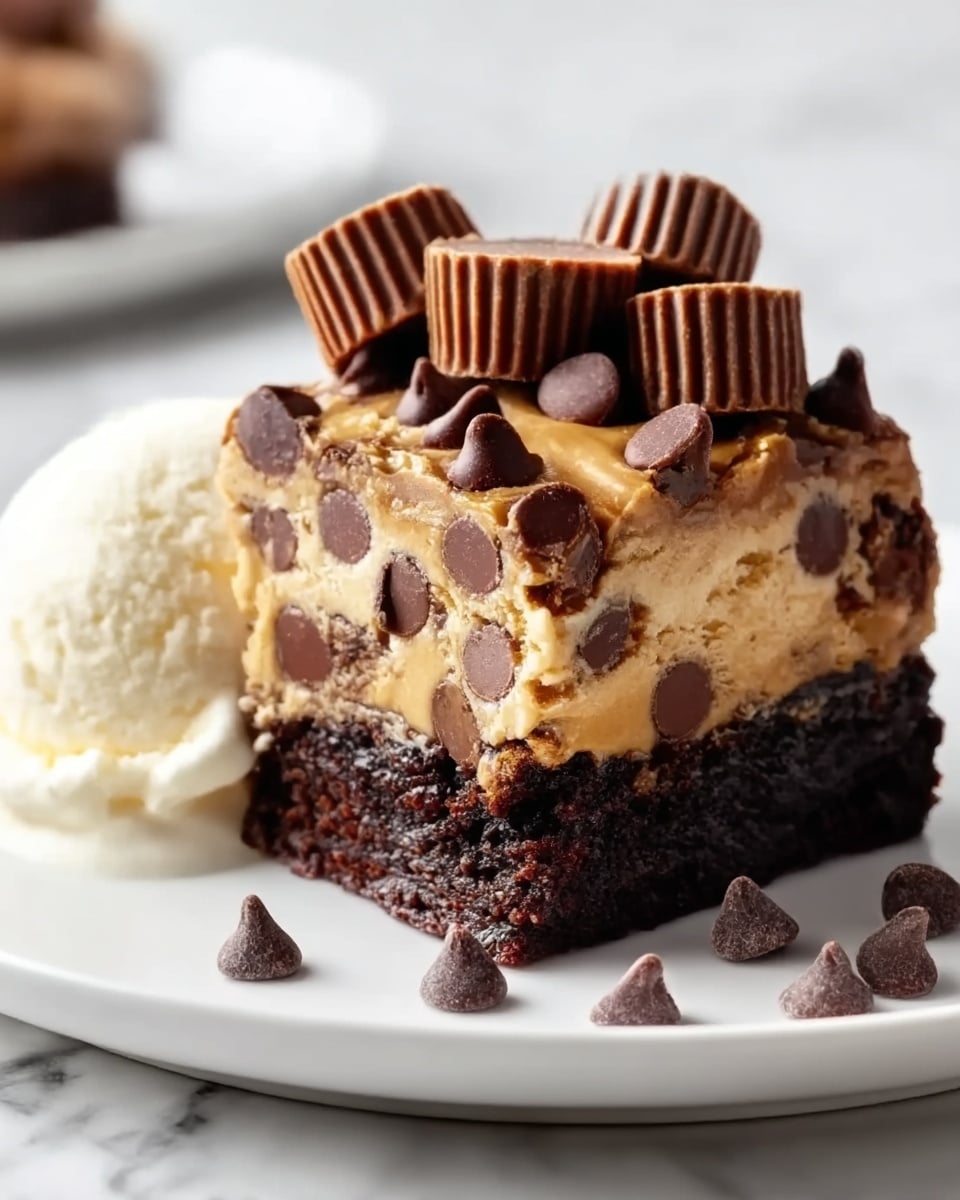 A rich dessert square showing three clear visible layers sits on a white round plate with a scoop of creamy vanilla ice cream beside it. The bottom layer is a dense, dark brown chocolate brownie with a moist and slightly crumbly texture. Above it is a thick peanut butter layer, light golden in color with a smooth texture, generously embedded with chocolate chips. The top layer consists of peanut butter cup halves neatly arranged, their brown ridged edges and lighter peanut butter centers clearly showing. A few extra chocolate chips are scattered on the plate near the dessert. The whole scene is set on a white marbled surface. Photo taken with an iphone --ar 4:5 --v 7
