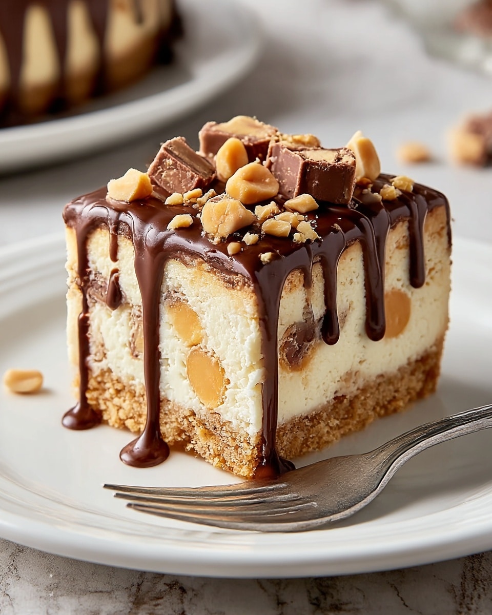 A square slice of cheesecake with three visible layers sits on a white plate. The bottom layer is a crumbly, golden-brown crust. The middle layer is thick and creamy, off-white in color, with embedded chunks of peanut butter candy pieces. The top layer is glossy dark chocolate sauce that drips down the sides in thick streams. On top, there are chopped peanuts and chunks of peanut butter candy scattered evenly. A silver fork rests on the edge of the plate. The scene is set on a white marbled surface. photo taken with an iphone --ar 4:5 --v 7