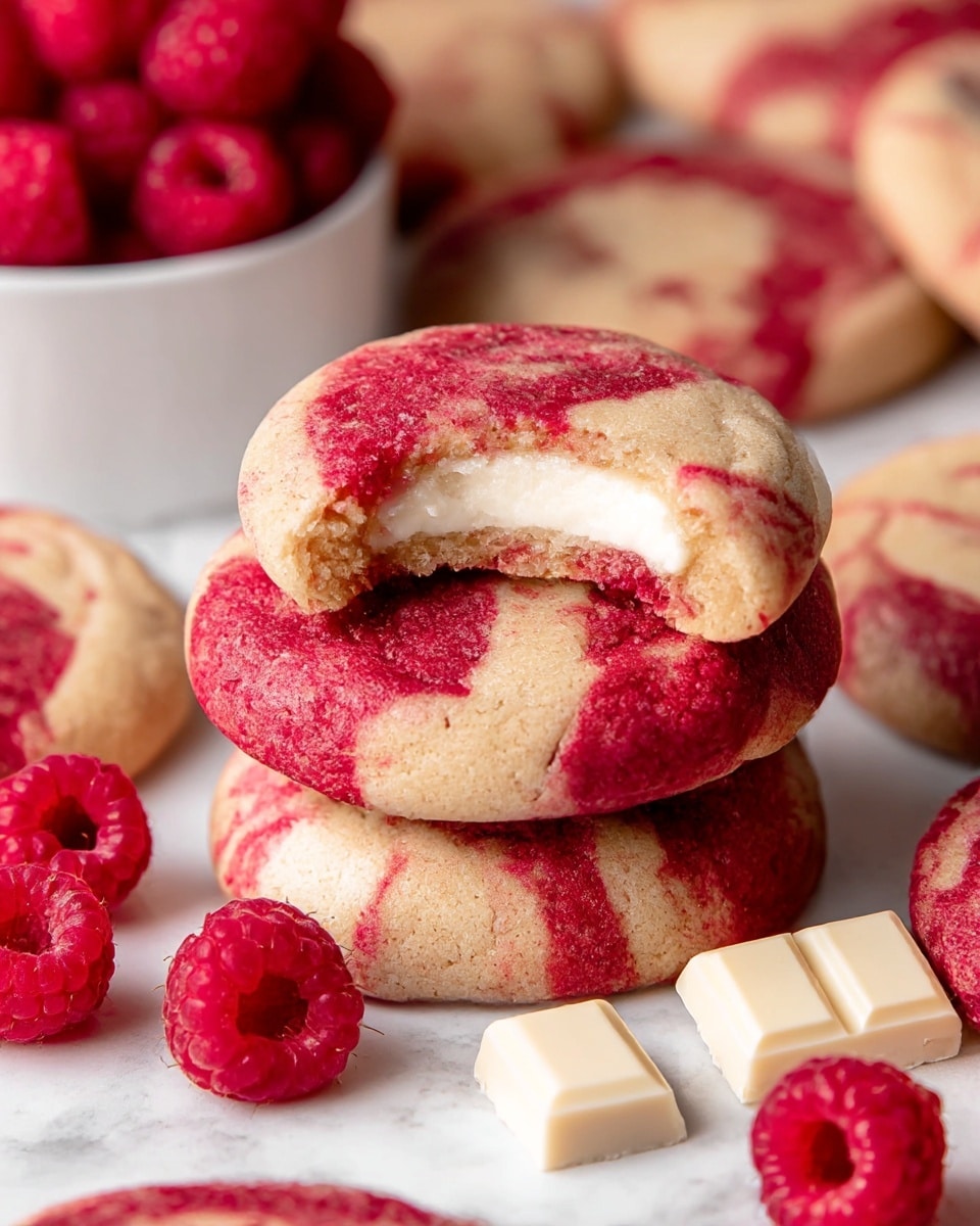 A stack of three round, thick cookies with a light beige base and bright red swirls on top sits in the center, the top cookie showing a single bite revealing three layers: a thin brown bottom, a thick white middle, and the swirled cookie top. Around the stack are more cookies with the same pattern, a few fresh red raspberries scattered nearby, and two white chocolate squares placed beside the stack. Part of a white bowl filled with fresh raspberries is visible in the upper left corner, all set on a white marbled surface. photo taken with an iphone --ar 4:5 --v 7