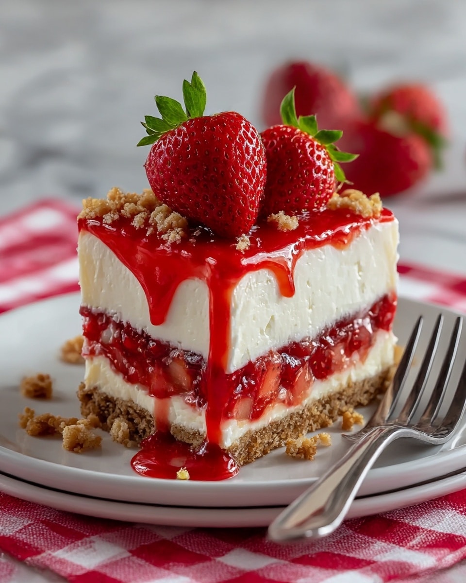 The image shows a slice of strawberry cheesecake with five visible layers. The bottom layer is a crumbly brown crust. Above it is a thick, creamy white cheesecake layer, followed by a vibrant red layer of strawberry jelly mixed with strawberry pieces. The next layer is another thick, smooth white cheesecake layer. On top sits a shiny red strawberry sauce dripping down the sides, two whole bright red strawberries with green leaves, and some light brown crumbly bits scattered around. The dessert is served on a white plate with a metal fork beside it, placed on a red and white checkered cloth over a white marbled surface. Photo taken with an iphone --ar 4:5 --v 7