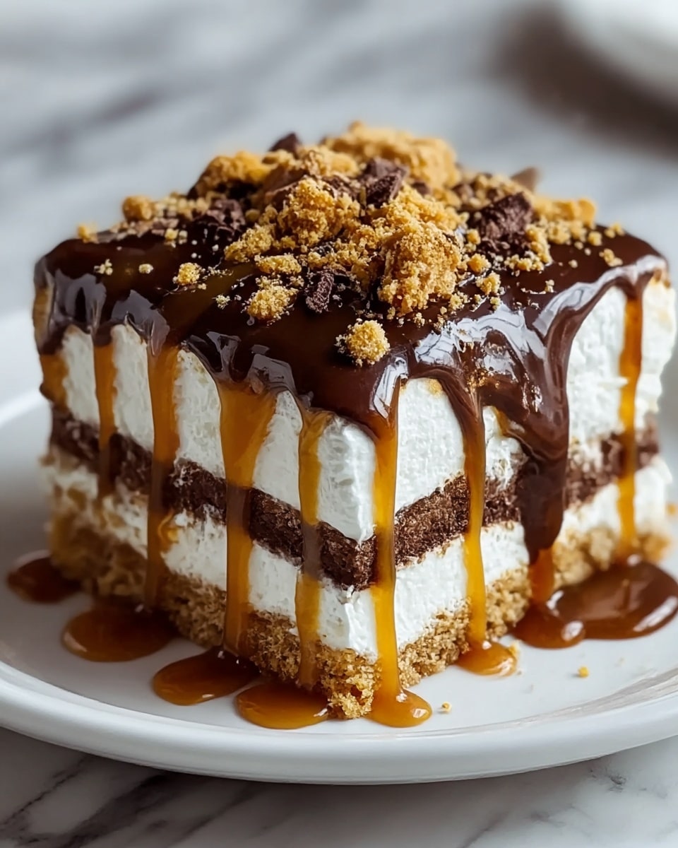 A square slice of dessert is placed on a white plate set on a white marbled surface. The dessert has four visible layers: the bottom layer is crumbly and golden brown, above it is a thick white creamy layer, then another crumbly brown layer, and a thick, fluffy white layer on top. Dark chocolate sauce covers the top and drips down the sides, mixing with thick caramel sauce that runs down the edges. The top is sprinkled with crunchy golden biscuit crumbs and darker chocolate crumbs, adding texture and color contrast. Photo taken with an iphone --ar 4:5 --v 7