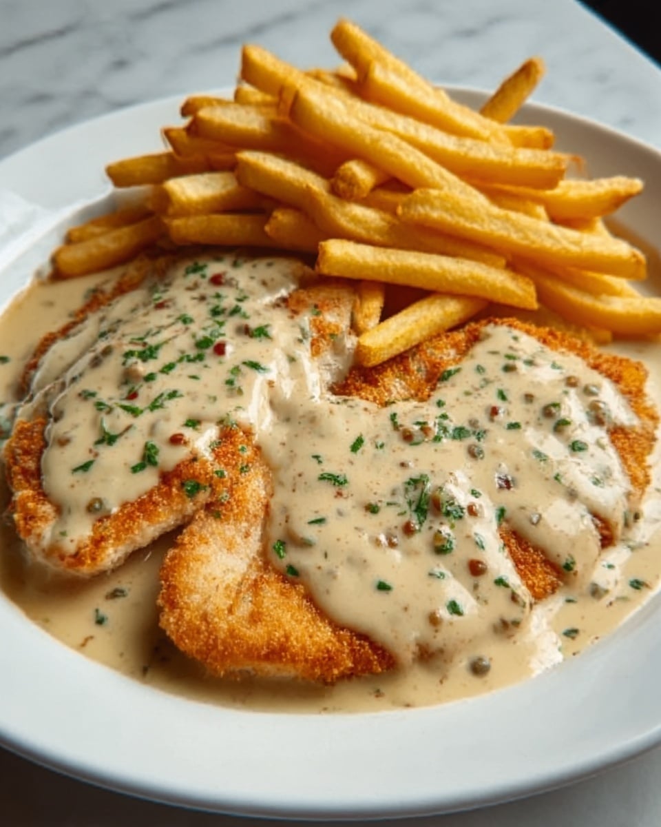 A white plate on a white marbled surface holds two pieces of golden-brown fried chicken breast covered with a creamy, light beige sauce with small green and red herb bits scattered on top. A pile of golden French fries is placed behind the chicken, creating a nice contrast with their slightly crisp texture. The dish looks warm and inviting, with the sauce smoothly draping over the chicken pieces. Photo taken with an iphone --ar 4:5 --v 7
