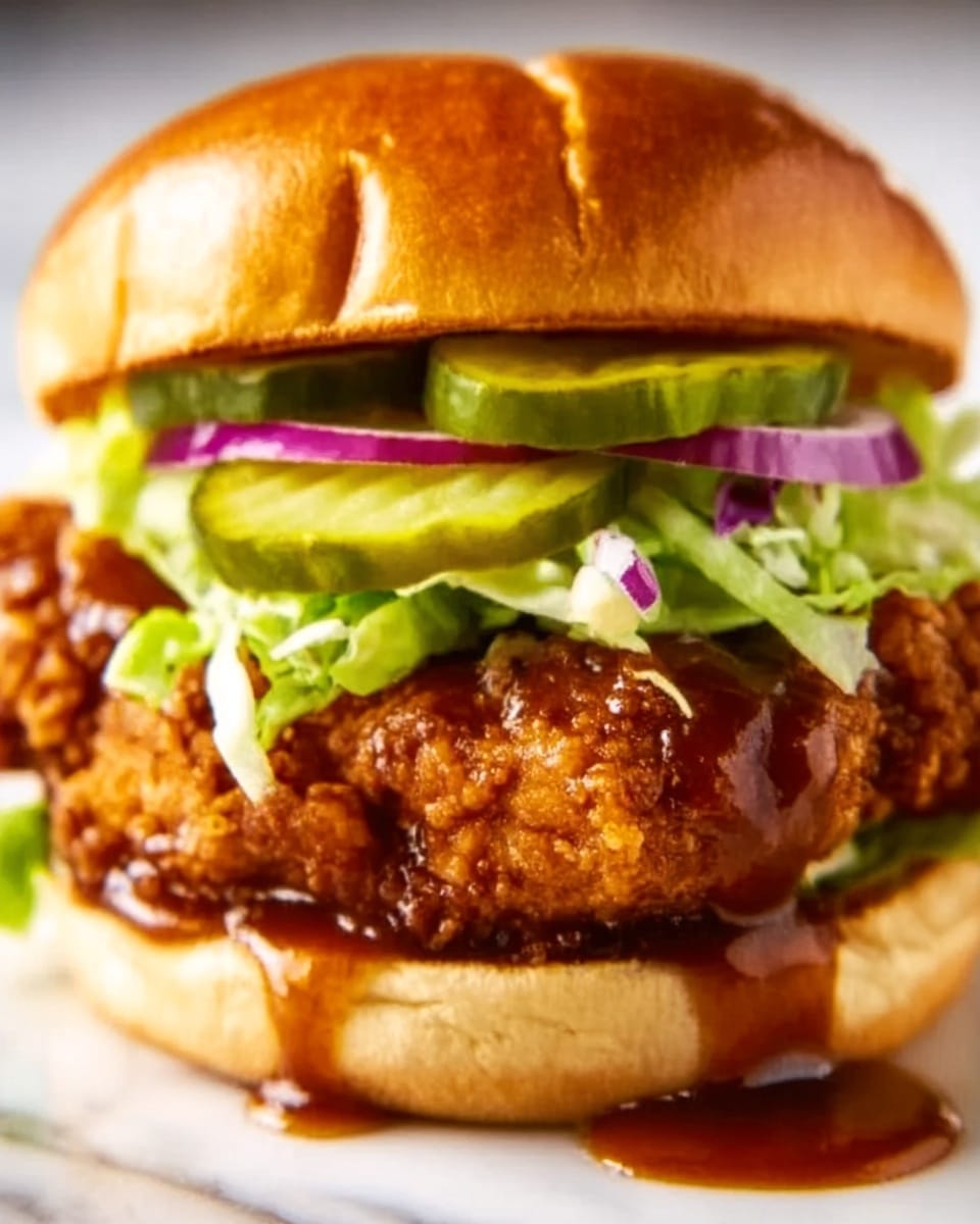 A close-up view of a fried chicken sandwich stacked with layers starting from a soft, slightly shiny golden brown top bun, followed by bright green pickle slices placed on top of thinly sliced purple onions and crisp light green shredded lettuce. Below these, there is a thick piece of crispy fried chicken coated in a glossy brown sauce that drips slightly onto a white plate beneath. The sandwich is completed with a soft light beige bottom bun, all set against a white marbled surface. photo taken with an iphone --ar 4:5 --v 7