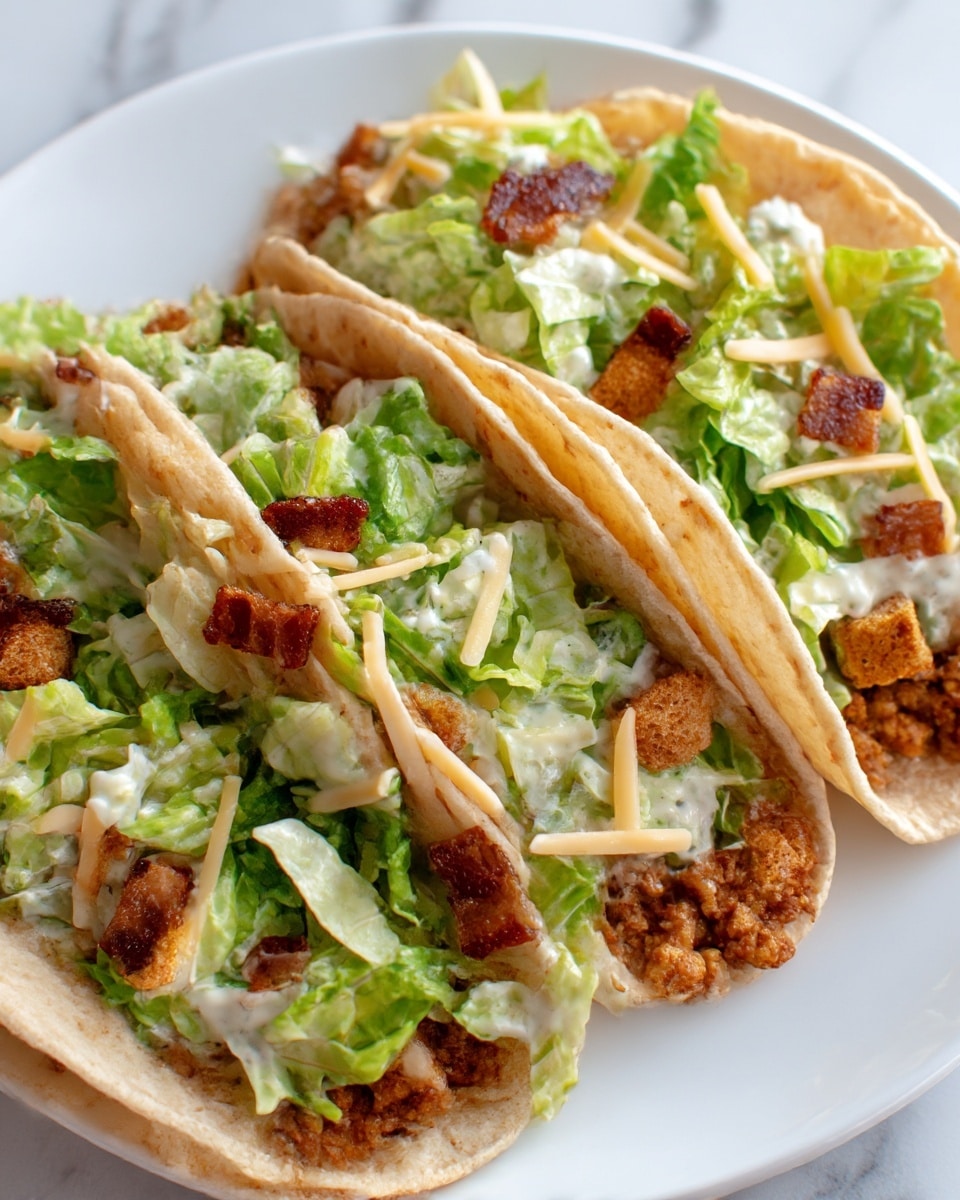 Three tacos are arranged close together on a white plate over a white marbled surface. Each taco has a soft, light-brown tortilla shell filled with a base layer of cooked ground meat with a slightly crispy texture. On top of this base is a fresh, bright green layer of chopped lettuce mixed with creamy white dressing. Scattered over the lettuce are small, golden brown croutons and dark reddish-brown bacon pieces. Thin, light yellow cheese shreds are sprinkled across the top, adding a final touch. The photo taken with an iphone --ar 4:5 --v 7