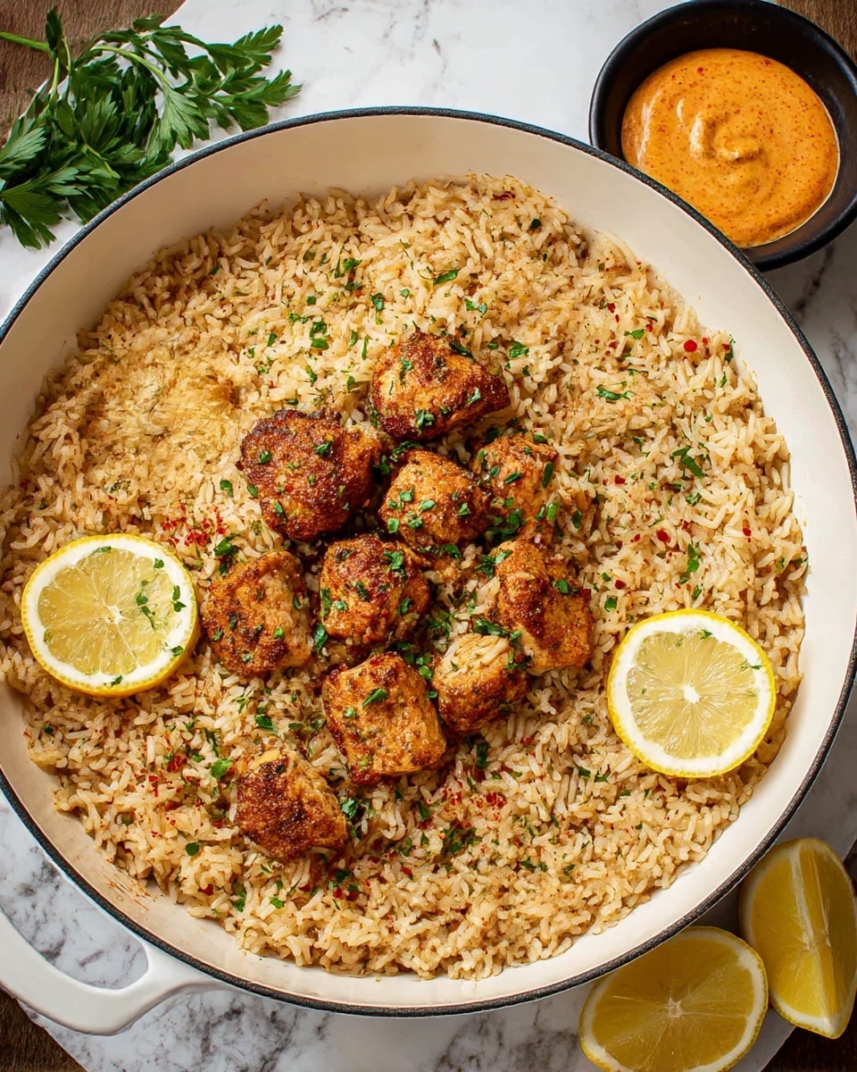 A white deep pan filled with a base layer of creamy, light brown rice mixed with small bits of red spices evenly spread, topped at the center with several pieces of browned, seasoned chicken chunks sprinkled with finely chopped green herbs. On the rice, two lemon slices are placed on the left side and one lemon wedge on the bottom right, adding a bright yellow contrast. In the background, a small black bowl contains an orange-colored sauce, and fresh green herbs are seen partially at the edges, all set on a white marbled textured surface. Photo taken with an iphone --ar 4:5 --v 7