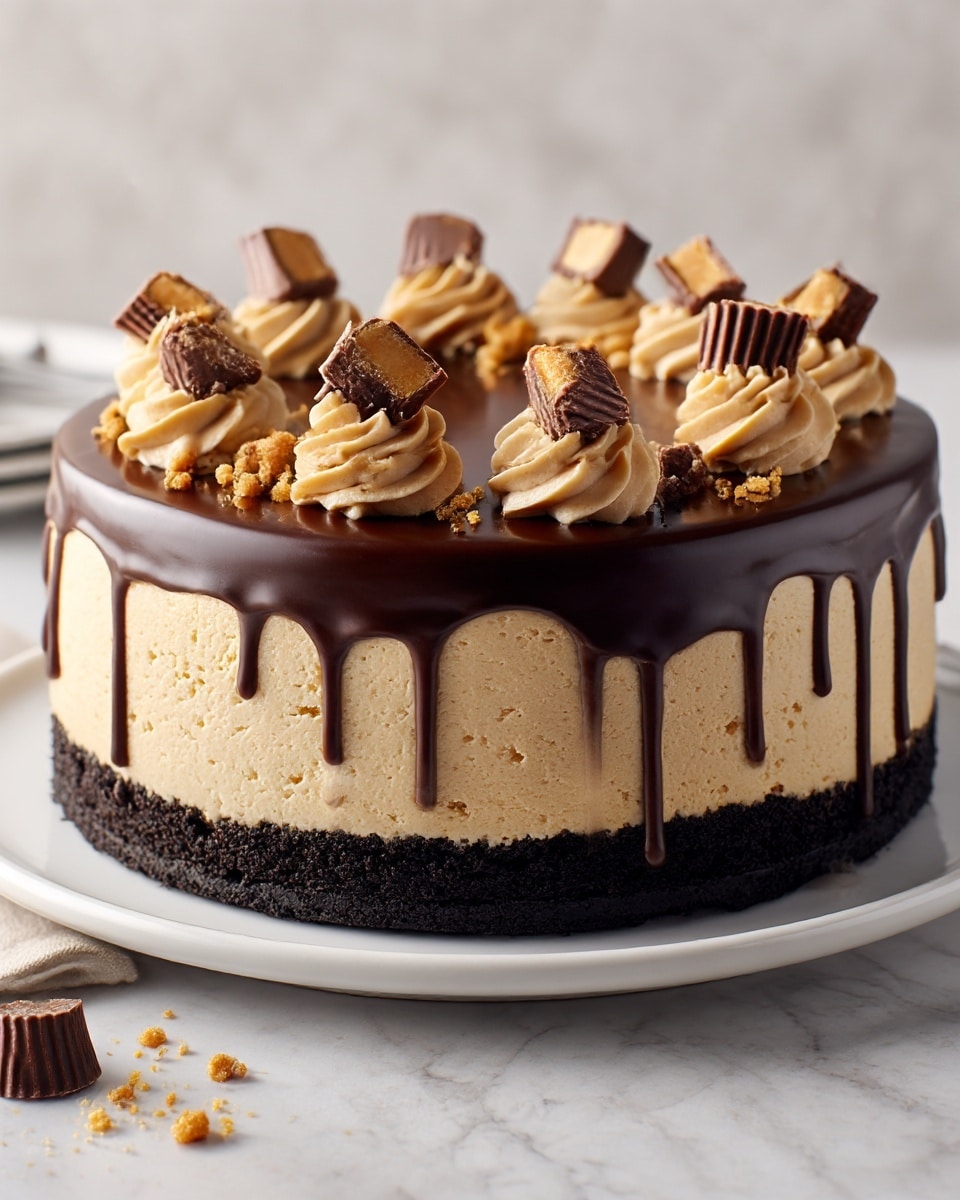 A round cake with three clear layers sits on a white plate over a white marbled surface. The bottom layer is dark and crumbly, resembling chocolate cookie crumbs. The middle layer is thick and light tan with a smooth, creamy texture. The top layer is glossy, rich dark chocolate ganache that gently drips down the sides, creating even drips around the cake. On top, there are swirls of light brown frosting spaced evenly around the edge, each topped with small pieces of chocolate peanut butter cups and scattered crumbs. Photo taken with an iphone --ar 4:5 --v 7