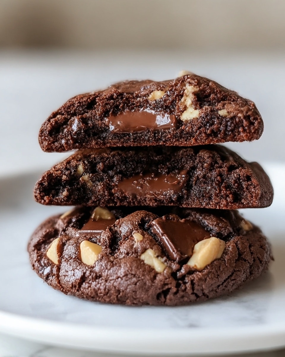 Two dark chocolate cookies stacked on a white plate with a white marbled texture surface. The top cookie is broken in half, showing a rich, gooey, dark brown chocolate layer in the center, surrounded by a slightly crumbly, dense dark chocolate dough with visible light tan nut pieces spread throughout. The bottom cookie has a similar dark chocolate dough texture with melted chocolate chunks and light tan nuts scattered inside. The overall look is moist and soft with a cracked exterior. Photo taken with an iphone --ar 4:5 --v 7