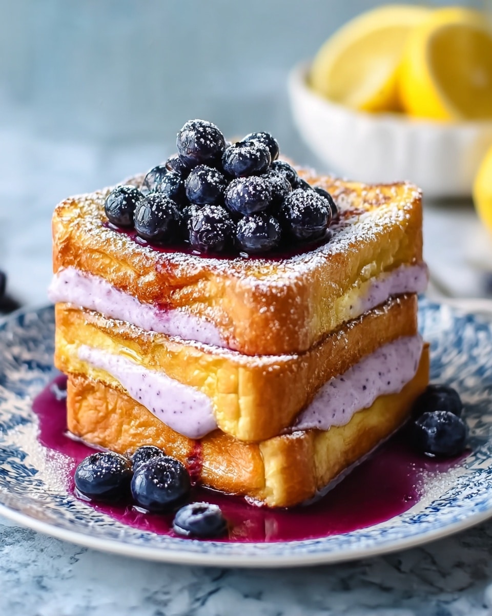Two thick slices of golden brown French toast are stacked on a white plate with blue patterns. Between the slices, there is a creamy, light purple spread with visible specks. On top of the stack is a pile of shiny, fresh blueberries covered lightly with powdered sugar. More blueberries and a purple syrup pool rest on the plate around the toast. The plate sits on a white marbled textured surface with a blurred white bowl full of blueberries and a lemon wedge in the background. photo taken with an iphone --ar 4:5 --v 7