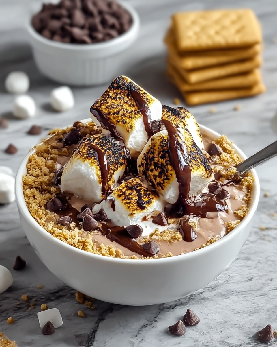 A white bowl filled with a smooth, light brown hot chocolate base, topped with a thick layer of crushed golden-brown graham crackers around the edges. On top of the graham crackers sits a generous mound of large, toasted marshmallows with golden char marks. Rich, glossy dark chocolate sauce is drizzled over the marshmallows, with small pieces of dark chocolate scattered across the whole top. A silver spoon is placed inside the bowl, and the background has a white marbled texture with some chocolate chunks and marshmallows scattered around. Photo taken with an iphone --ar 4:5 --v 7