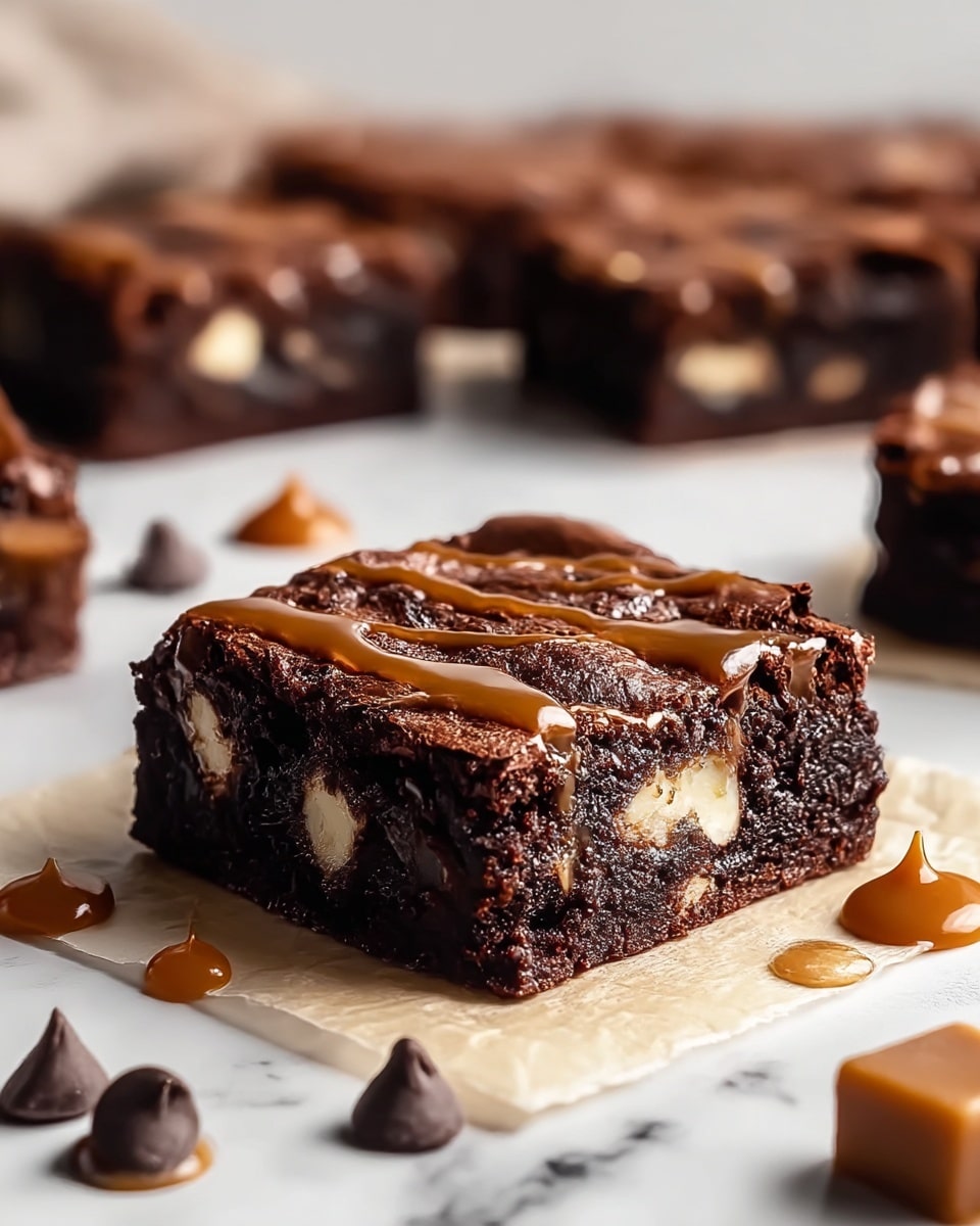 A close-up of a single dark brown brownie square with visible white chocolate chunks inside, placed on a piece of parchment paper on a white marbled surface. The brownie has a moist texture with a glossy caramel drizzle on the top layer. Surrounding the brownie are small dollops of melted caramel and chocolate chips scattered around, with more brownies blurred in the background. The scene is softly lit, highlighting the texture and shine of the dessert. photo taken with an iphone --ar 4:5 --v 7