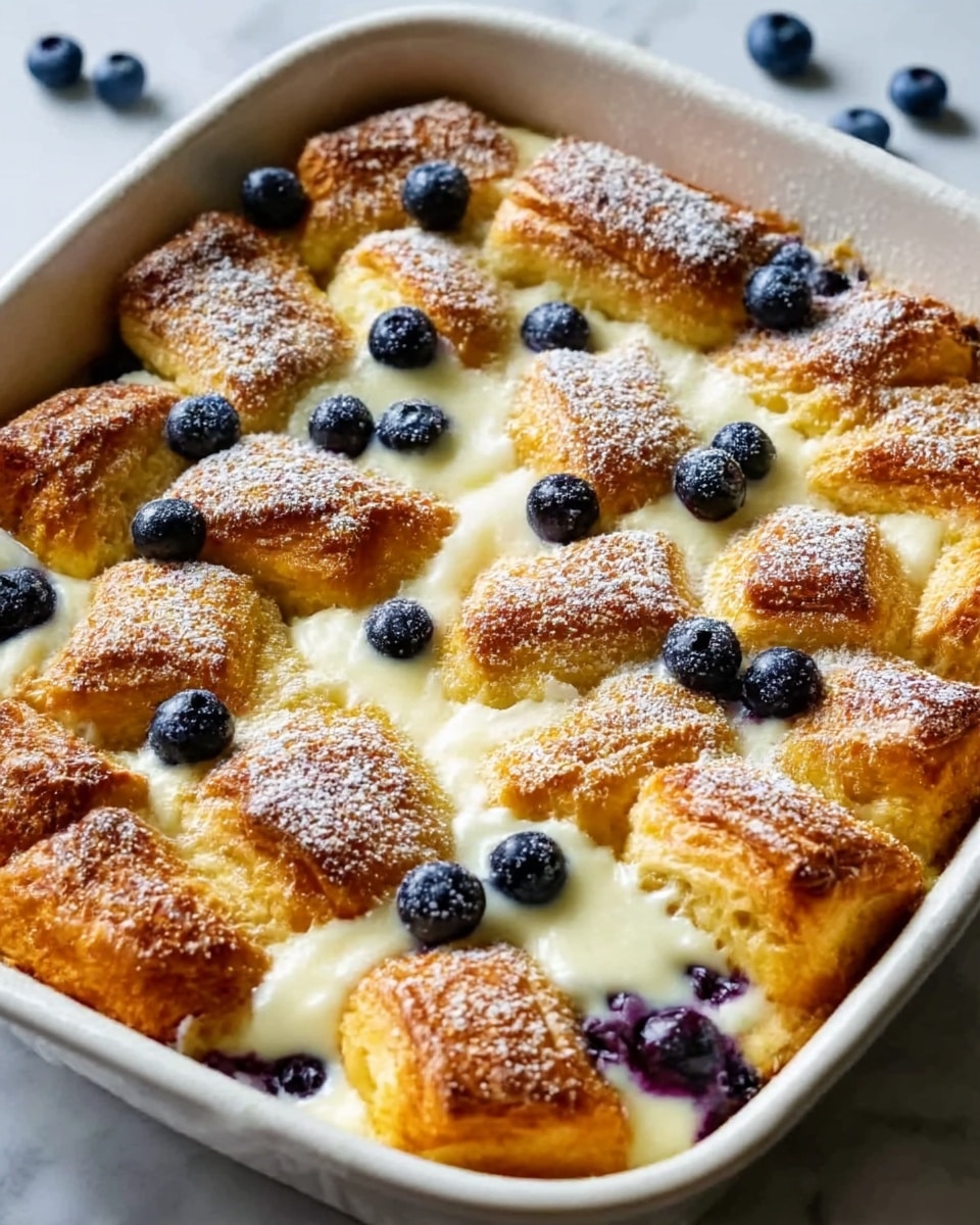 A white baking dish filled with a golden brown, layered pastry that looks soft and fluffy. The pastry pieces are arranged in a slightly uneven pattern, with creamy white filling peeking through between the layers. Scattered on top and between the pastry pieces are small dark blue blueberries, adding contrast to the light colors. A light dusting of powdered sugar covers the top, giving it a delicate, snowy look. The dish sits on a white marbled surface, with a few blueberries scattered nearby. photo taken with an iphone --ar 4:5 --v 7