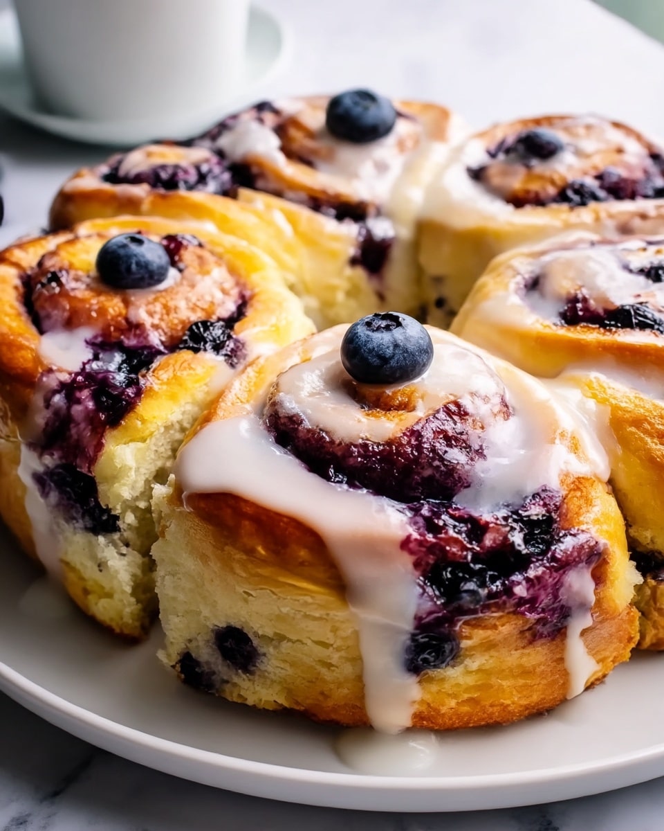 A round blueberry cinnamon roll cake sits on a white plate on a white marbled surface, showing five thick rolls arranged closely together. Each roll has a golden-brown outer crust with soft, light yellow dough inside, swirled with dark purple blueberry filling mixed with bits of fresh blueberries. A smooth white glaze drips over the tops and sides, adding a glossy finish. One roll has a single fresh blueberry on top, while others show uneven melting glaze pooling between the layers. The texture is soft and fluffy with a mix of creamy and fruity details. Photo taken with an iphone --ar 4:5 --v 7