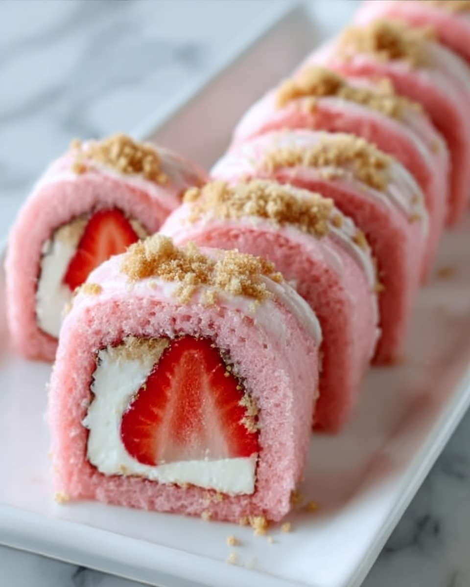 The image shows a row of pink sushi rolls placed neatly on a white plate. Each roll has three layers: a soft pink outer layer, a white creamy layer inside, and a bright red strawberry piece in the center. The rolls are topped with small crumbs of light brown, adding a crunchy texture. The colors are soft with pink and white being dominant, and the red strawberry center stands out. The background is a white marbled surface. Photo taken with an iphone --ar 4:5 --v 7