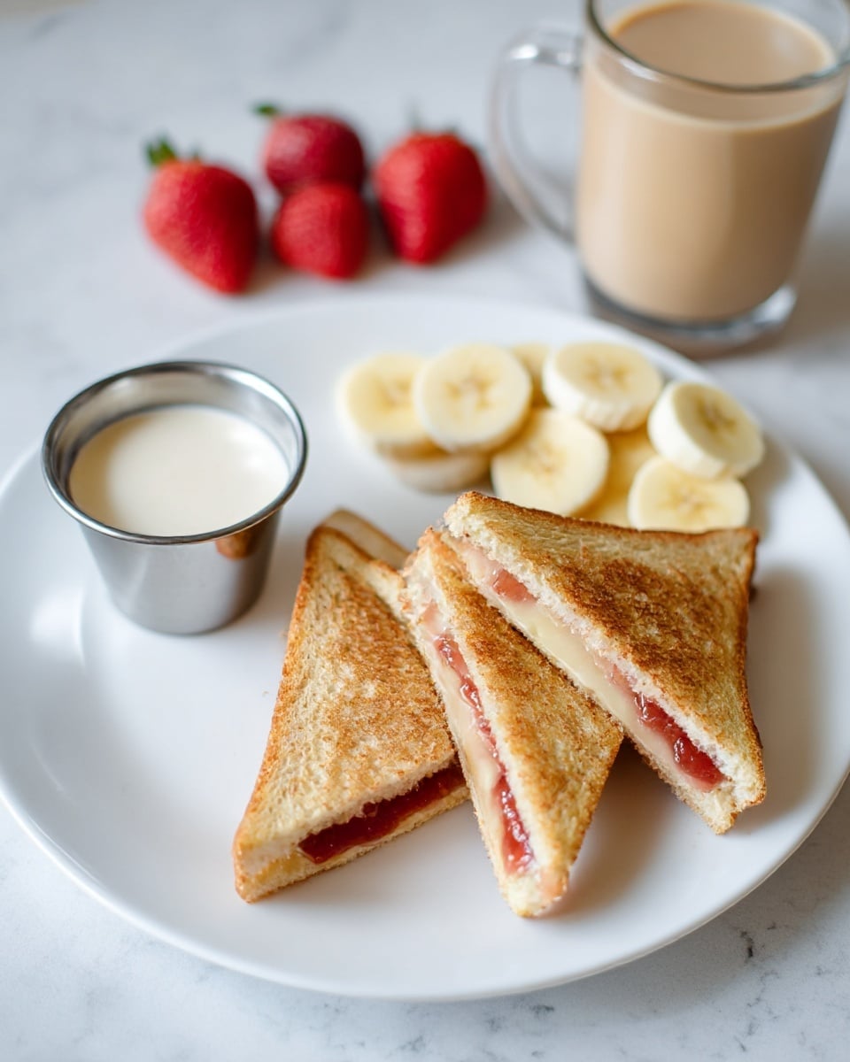The image shows a white plate with four triangular halves of a toasted sandwich stacked slightly overlapping on the right side; the sandwich bread is golden brown with a visible layer of melted cheese and red jam inside. At the top left of the plate is a small silver metal cup filled with a white creamy dip. Next to the cup, there are three whole strawberries and a few banana slices arranged in a small cluster on the upper right side of the plate. The plate is placed on a white marbled surface, and in the background, there is a clear glass mug filled with a creamy beverage. photo taken with an iphone --ar 4:5 --v 7