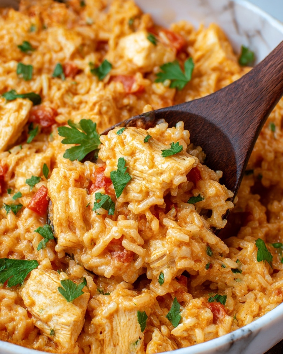 The image shows a close-up of a dish with a creamy orange layer of cooked rice mixed with small red tomato pieces and green parsley leaves scattered on top. There are chunks of light golden cooked chicken scattered evenly in the rice. A dark wooden spoon is partially buried in the rice, lifting a piece of chicken and some rice, all placed in a white bowl with a white marbled background visible around the bowl. Photo taken with an iphone --ar 4:5 --v 7
