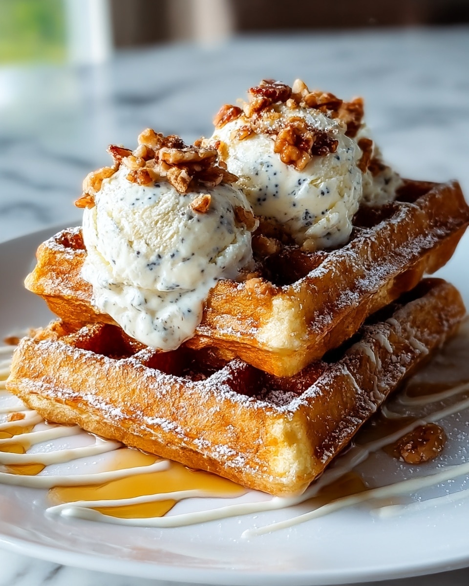 Two golden brown waffles stacked on a white plate over a white marbled surface. The waffles have a crispy texture with powdered sugar sprinkled on top. There are two dollops of creamy white ice cream with dark specks, placed side by side on the waffles. The ice cream is topped with crunchy light brown nut pieces. White cream is drizzled in thin lines over the waffles and around the plate, with amber maple syrup pooling at the base. The background is softly blurred indoors. Photo taken with an iphone --ar 4:5 --v 7