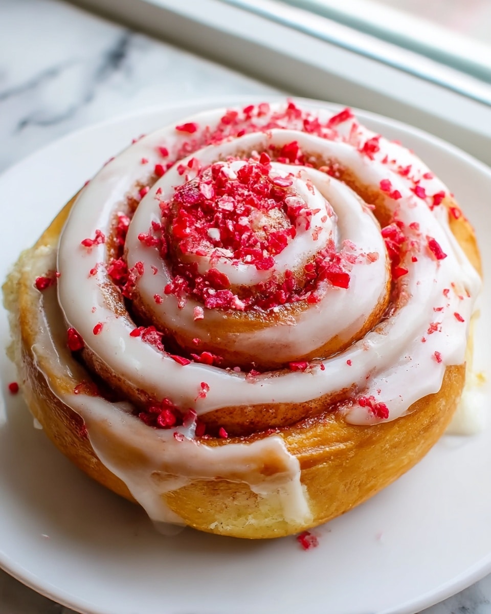 A close-up image of a single cinnamon roll on a white plate, placed on a white marbled surface near a window. The cinnamon roll has about four thick layers spiraled tightly, with a golden-brown dough base. The top and spirals are coated with a smooth, white icing that drips slightly down the sides. Red crushed candy pieces are sprinkled generously across the icing and in between the layers, adding a bright splash of color and texture. The cinnamon roll looks soft and moist, with a slightly glossy finish from the icing. Photo taken with an iphone --ar 4:5 --v 7